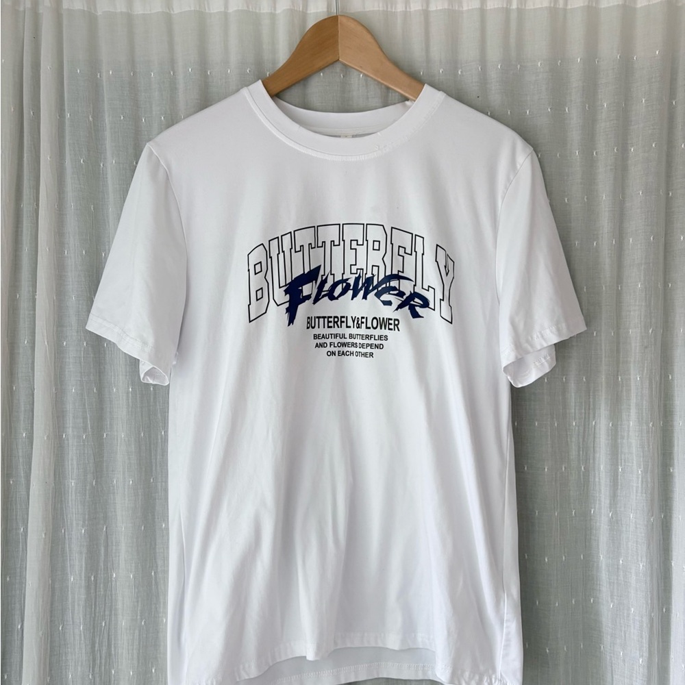 White Graphic T-Shirt with Butterfly Flower Design